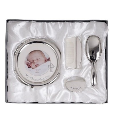 Engraved Silver Christening Day Gift Set - Frame, Brush, Comb and Curl Box