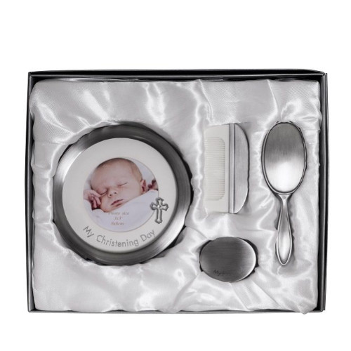 Engraved Pewter Christening Day Gift Set - Frame, Brush, Comb and Curl Box