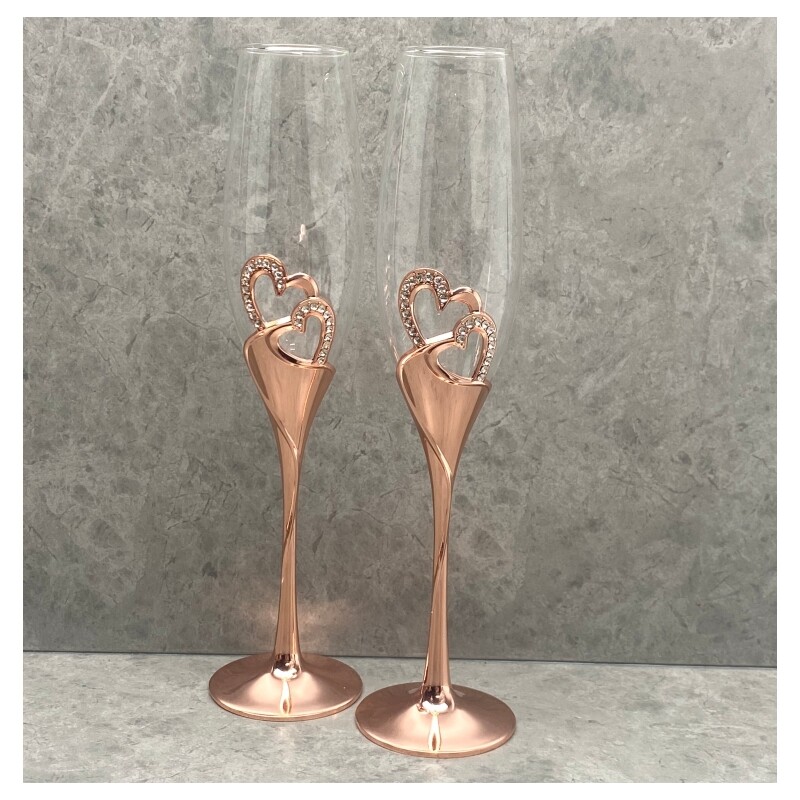Rose Gold Heart Flutes Pair