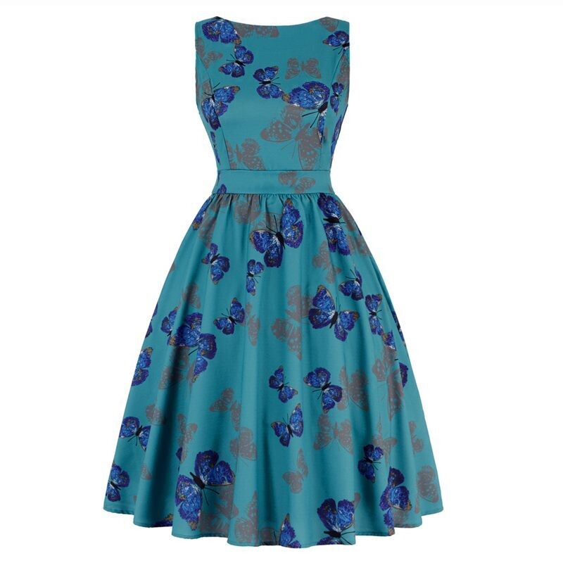 Rockabilly Vintage Blue Butterfly Flared​ Dress Size 16