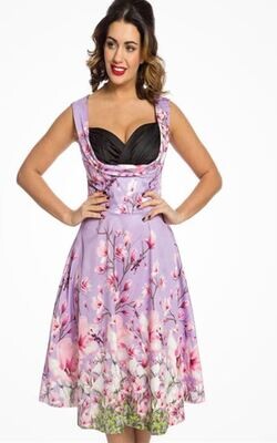 ​Lindy Bop ‘Ophelia’ Lilac Floral Dragonfly Swing Dress Size 18