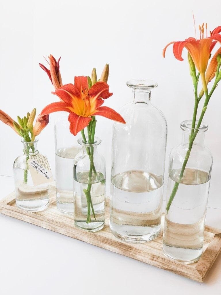 Wood Tray with 5 Glass Bottle Vases