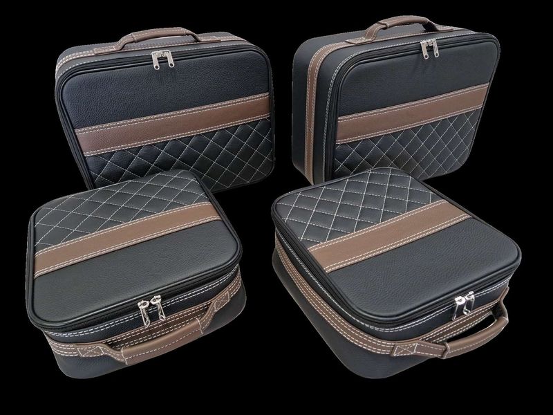 Roadsterbag suitcase set Porsche 992 rear seat in Black leather with Diamond pattern and Brown striping