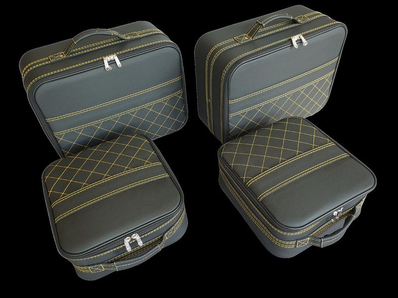 Roadsterbag suitcase set Porsche 992 rear seat in Black leather + Diamond pattern yellow