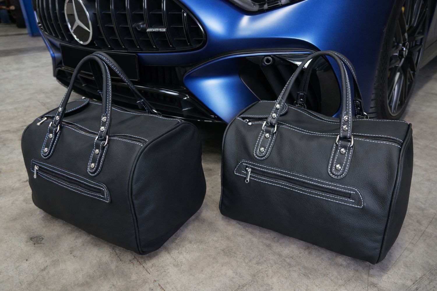 Roadsterbag rear seat bag set Mercedes SL R232 leather with Blue seams