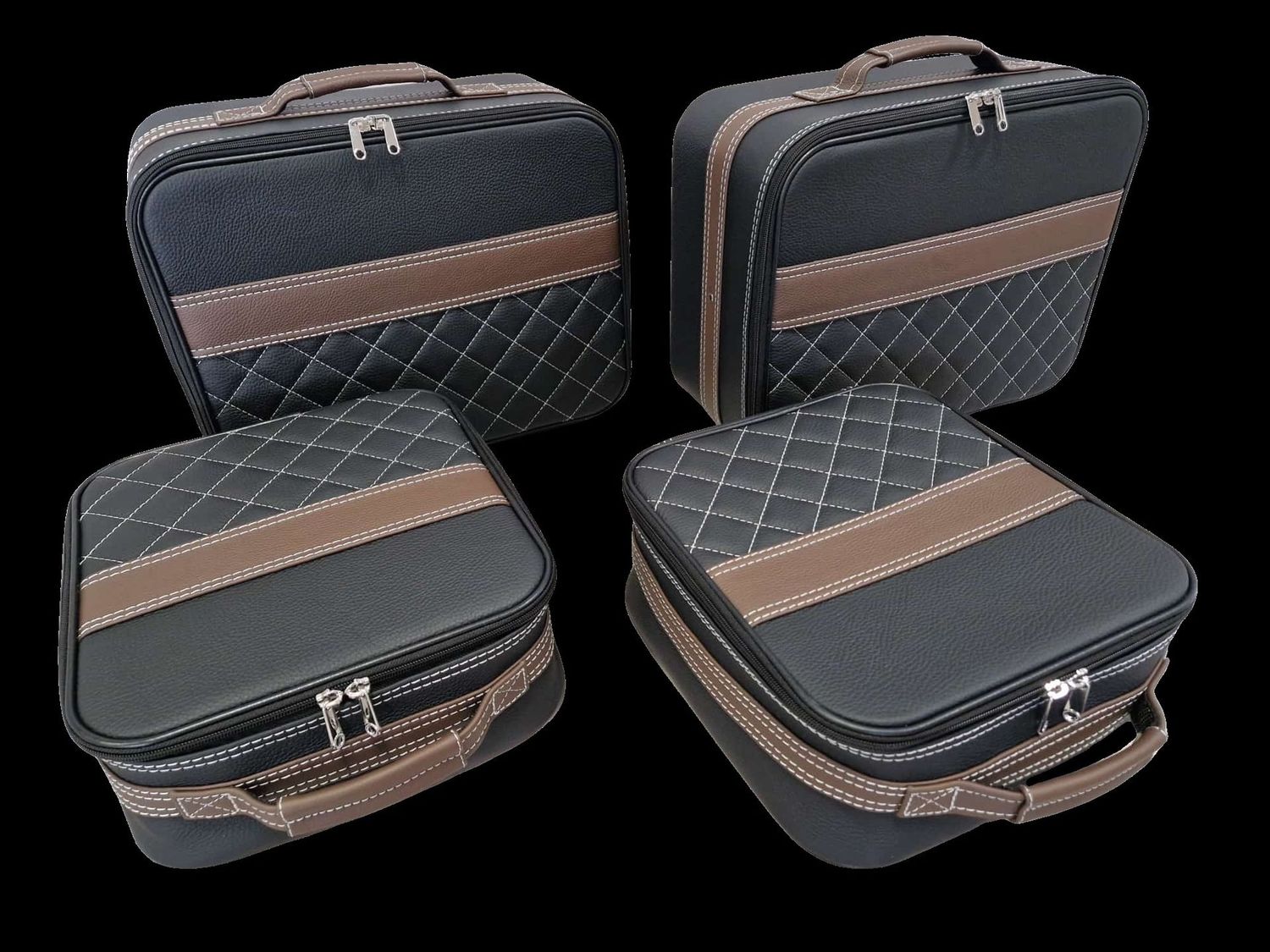 Roadsterbag suitcase set Porsche 992 rear seat in Black leather with Diamond pattern and Brown striping Roadsterbag suitcase set Porsche 992 rear seat in Black leather with Diamond pattern and Brown striping