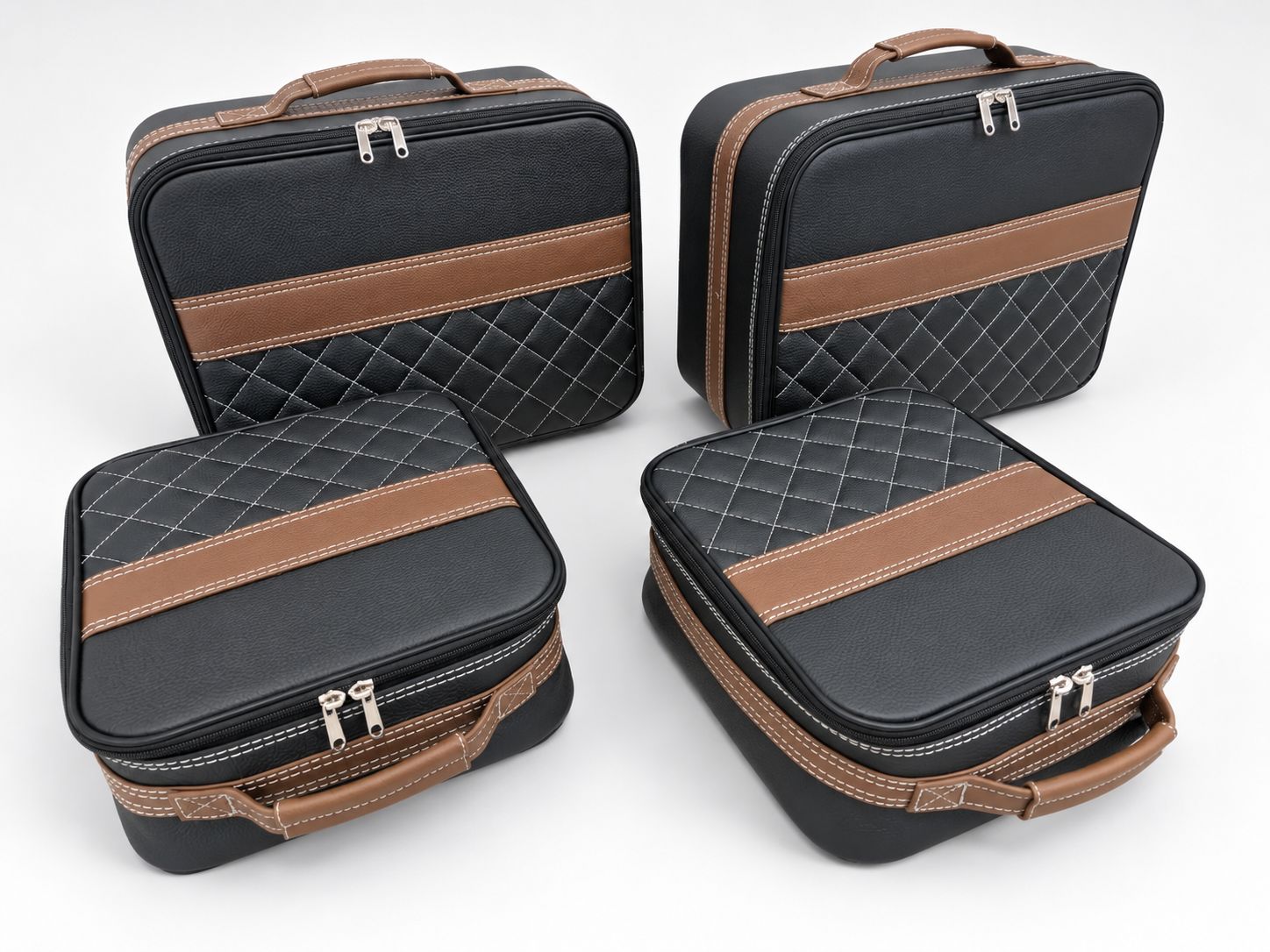 Roadsterbag suitcase set Porsche 992 rear seat in Black leather with Diamond pattern and Brown striping Roadsterbag suitcase set Porsche 992 rear seat in Black leather with Diamond pattern and Brown striping
