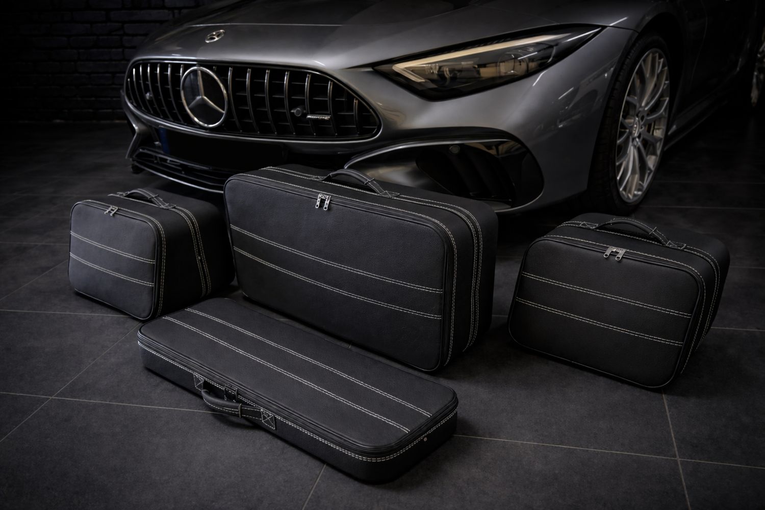 Roadsterbag luggage set trunk Mercedes SL R232 4-piece leather with Silverwhite stitching