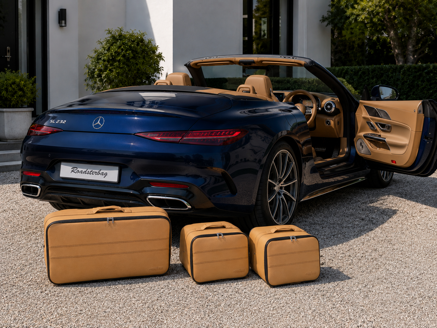 Roadsterbag kofferset kofferbak Mercedes SL R232 leder in de kleur Camel (3-dlg)