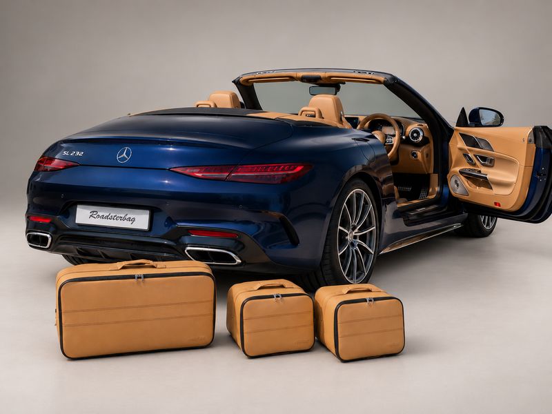 Roadsterbag luggage set trunk Mercedes SL R232 3-piece leather in Camel color