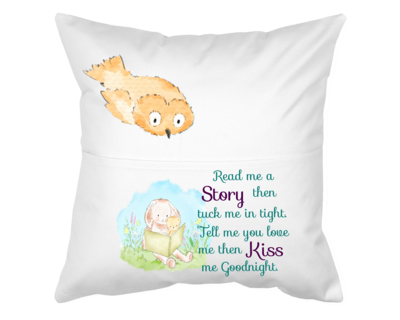 Pillow with Pocket: BUNNY READ ME A STORY THEN TUCK ME IN TIGHT TELL ME YOU LOVE ME & KISS ME GOODNIGHT