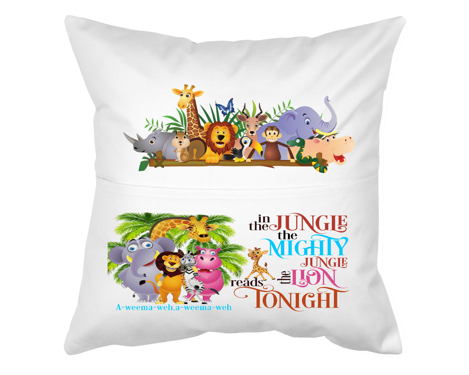 Pillow with Pocket: IN THE JUNGLE, THE MIGHTY JUNGLE , THE LION READS TONIGHT