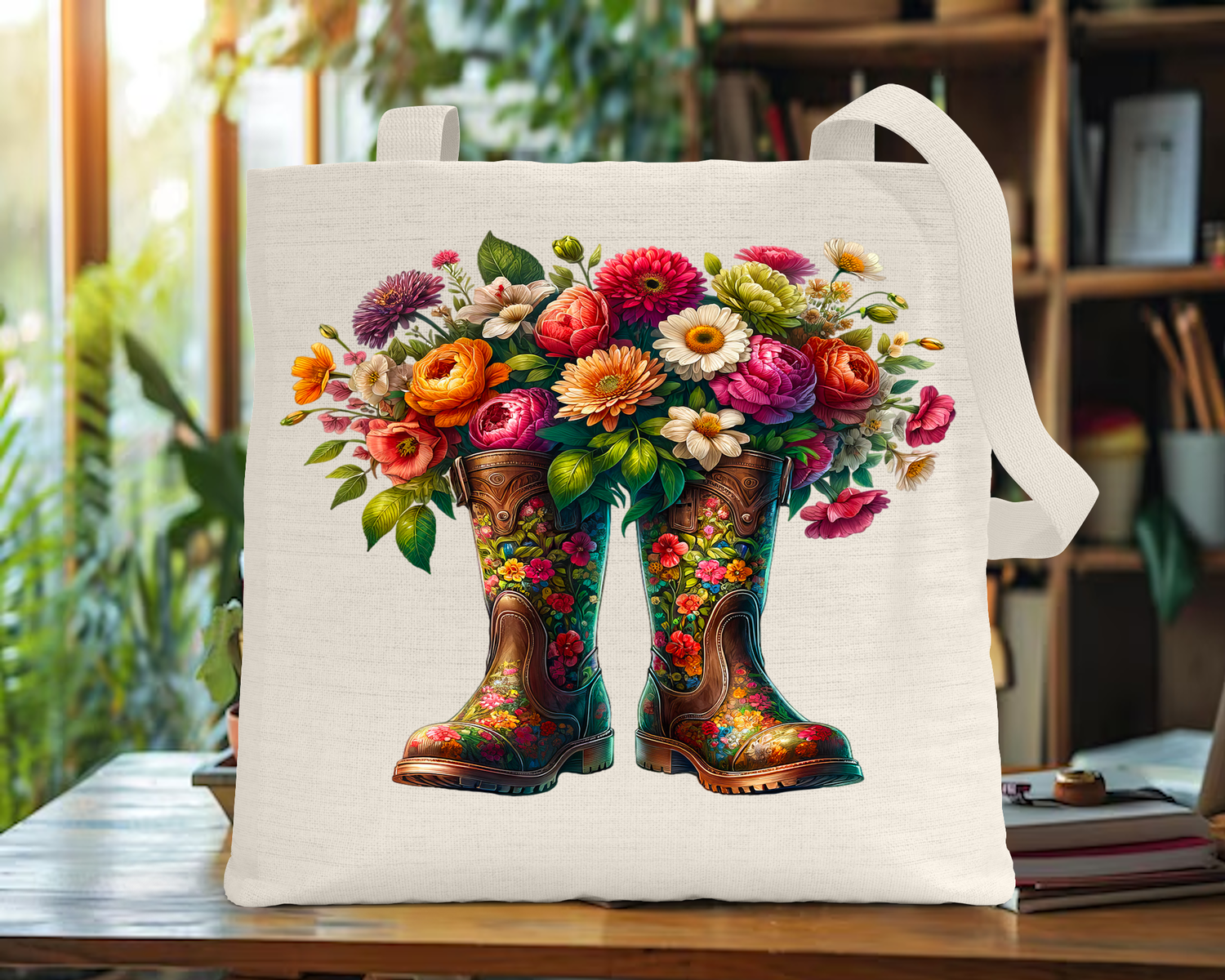 Tote Bag: BROWN WORKBOOTS WITH COLORFUL FLOWERS