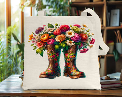 Tote Bag: BROWN WORKBOOTS WITH COLORFUL FLOWERS
