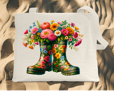 Tote Bag: GREEN RAIN BOOTS WITH COLORFUL FLOWERS