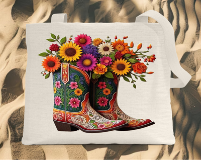 Tote Bag: COLORFUL COWBOY BOOTS WITH FLOWERS