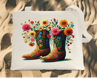 Tote Bag: COLORFUL COWBOY BOOTS WITH COLORFUL FLOWERS