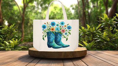 Tote Bag: BLUE COWBOY BOOTS WITH FLOWERS