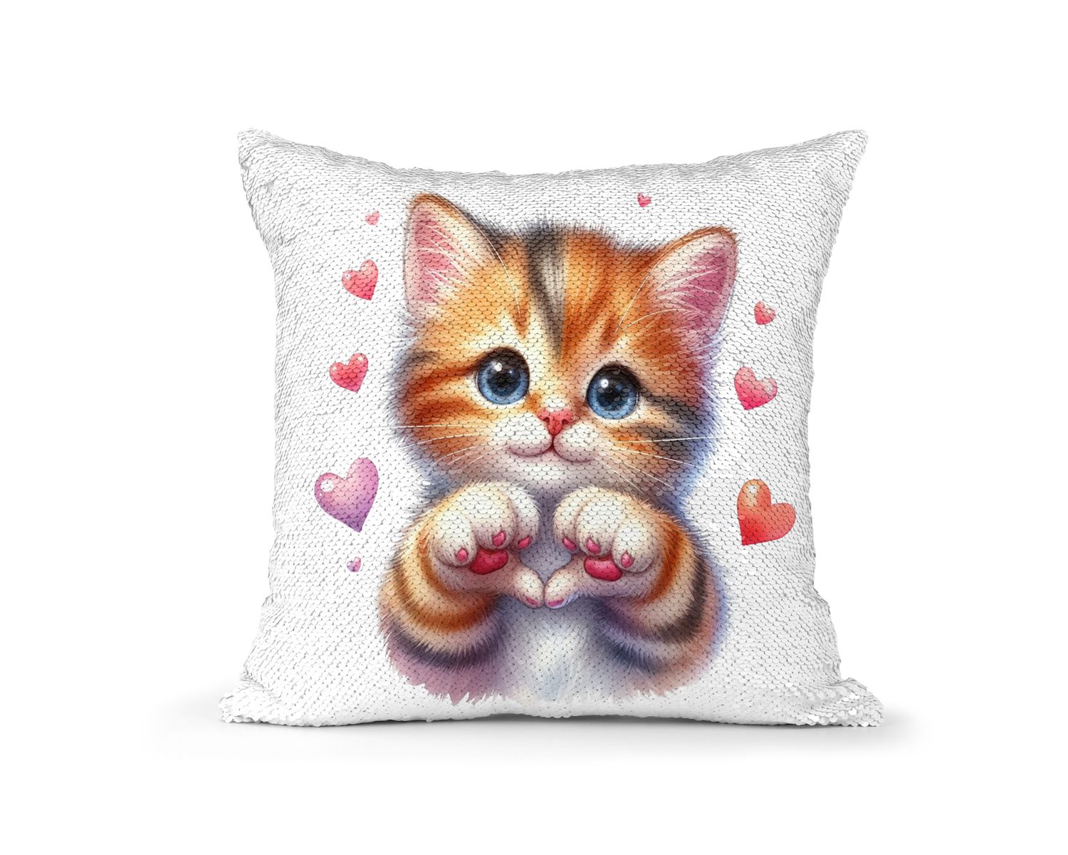 Pillow Sequin  Cat with Hearts