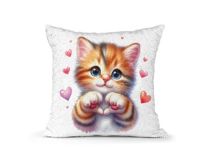 Pillow Sequin  Cat with Hearts