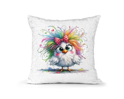 Pillow Sequin  Chicken with Rainbow Hair