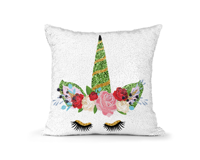 Pillow Sequin Unicorn Green and Gold Horn
