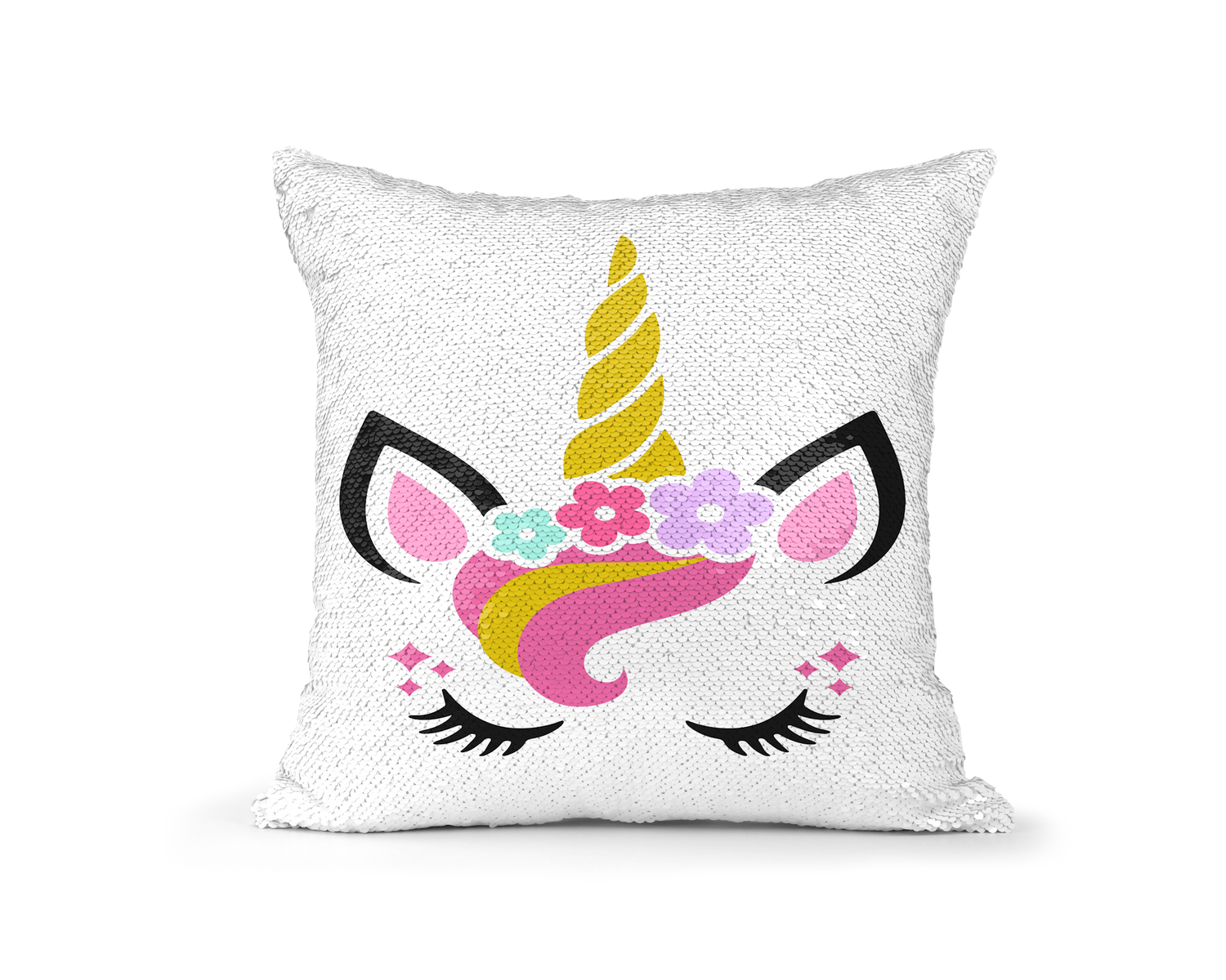 Pillow Sequin Unicorn Gold Horn with Pink and Gold Hair