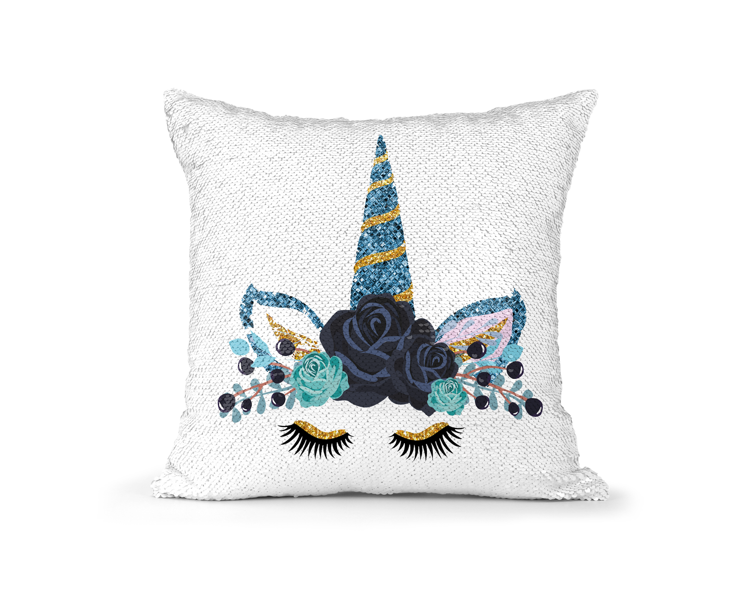 Pillow Sequin Unicorn Blue and Silver Horn