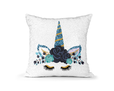 Pillow Sequin Unicorn Blue and Silver Horn