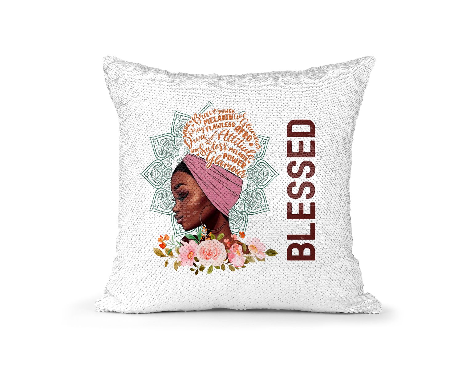 Pillow Sequin Black Woman with Head of Words
