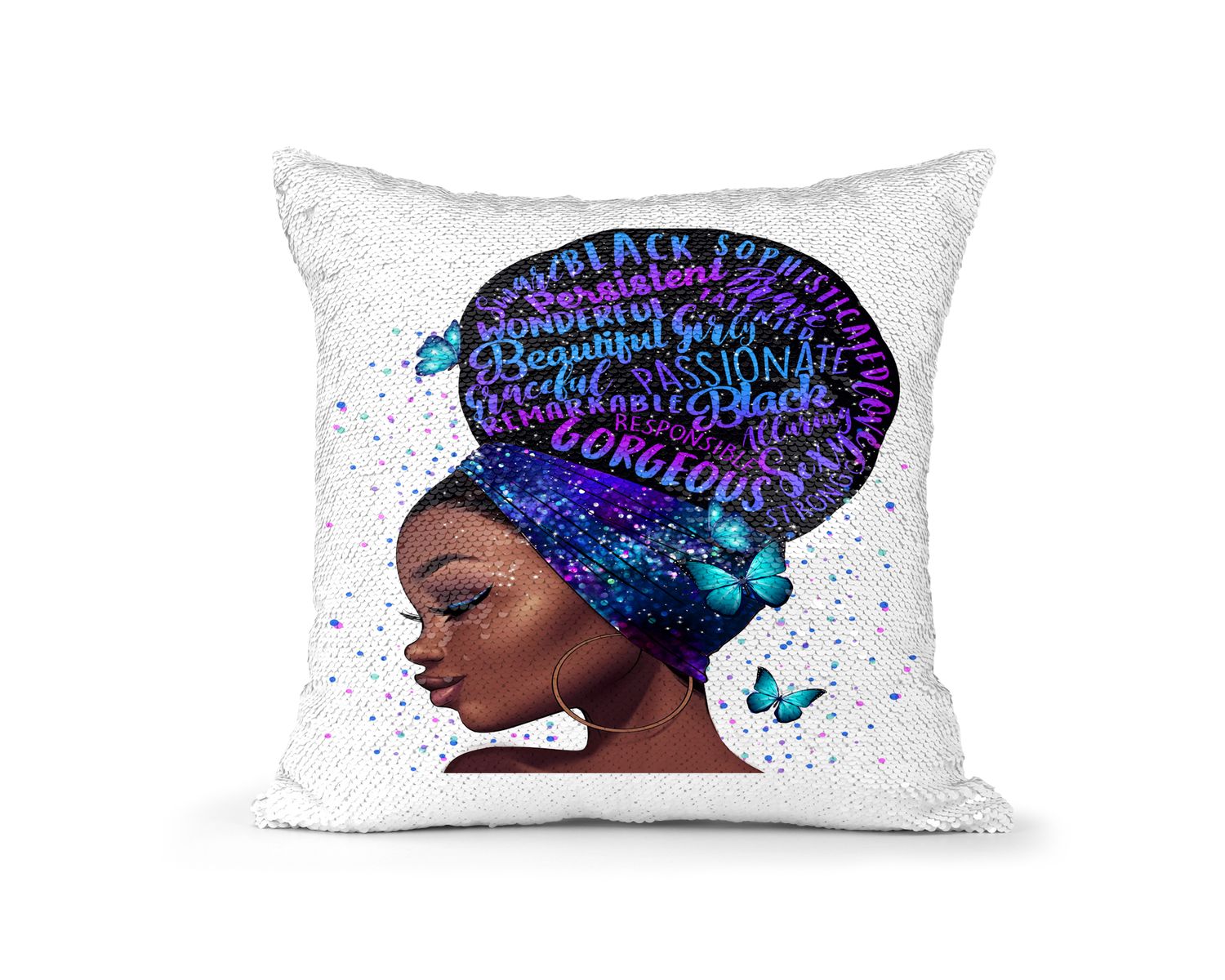 Pillow Sequin Black Hair with Words