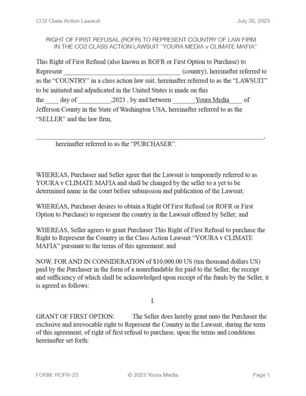 Right Of First Refusal [ROFR] Exclusive Law Firm in Home Country for CO2 Class Action lawsuit