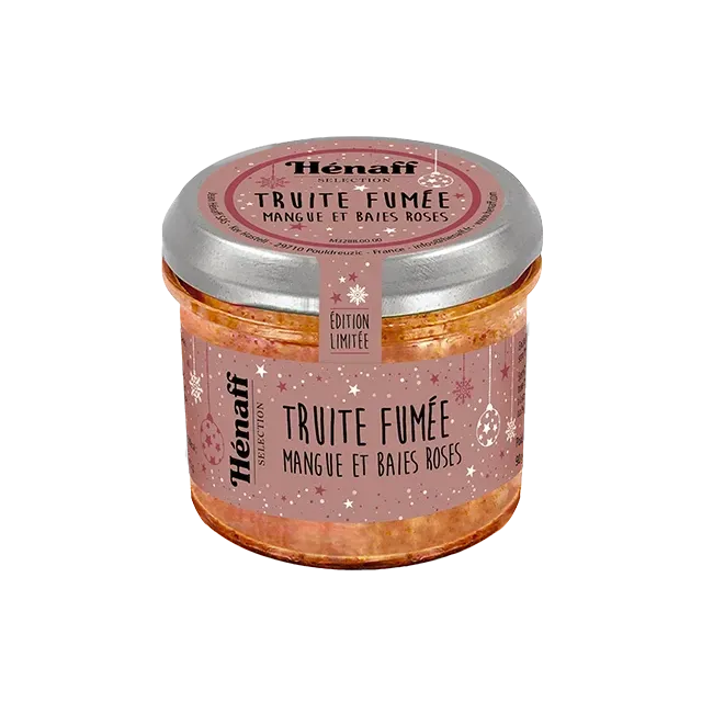 Terrine de truite Mangue fumée et baies roses 90g Terrine de truite Mangue fumée et baies roses 90g