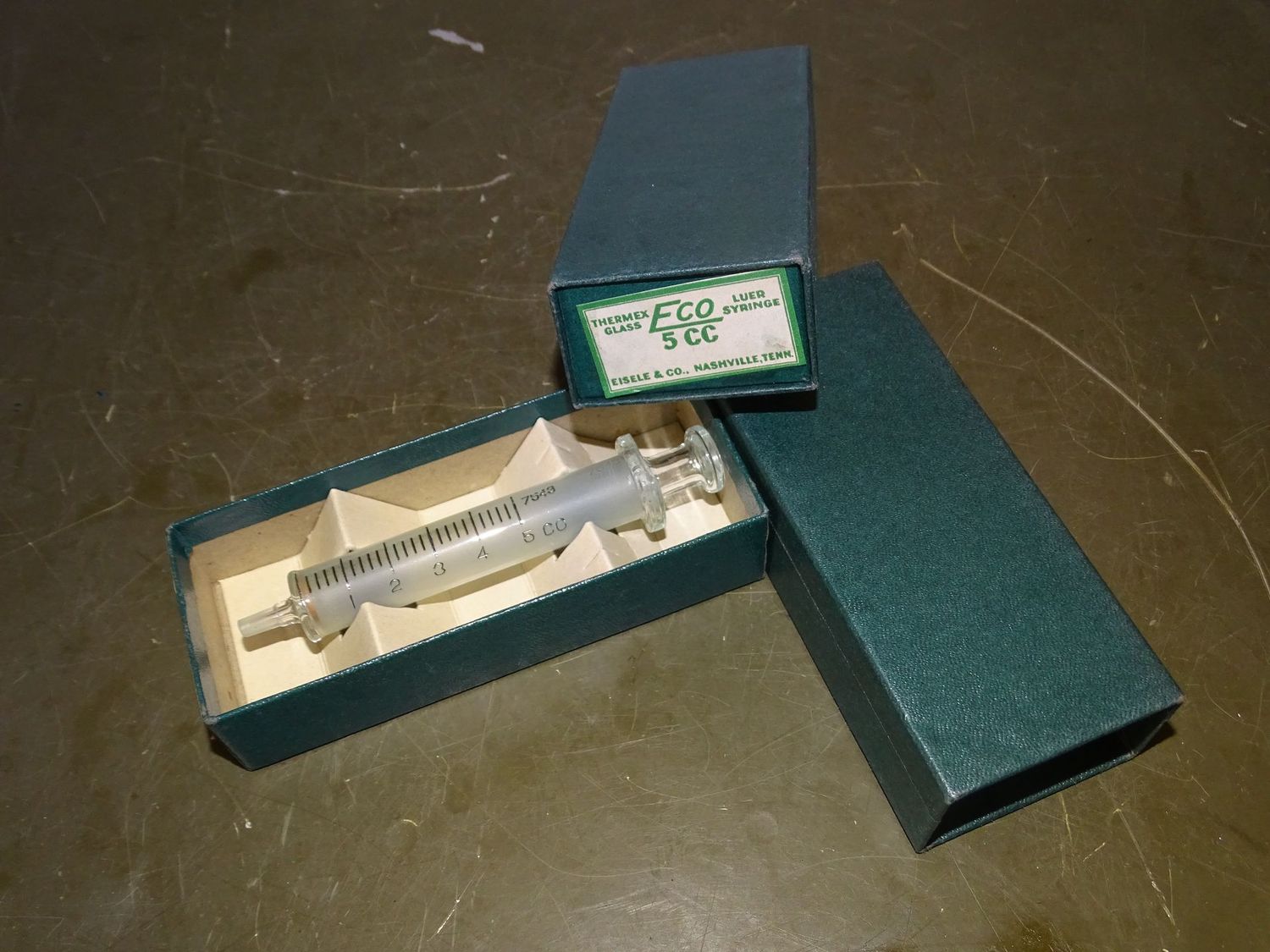 Seringue Médicale 5cc US WWII - Thermex Glass Eco Luer, Eisele & Co Nashville, Boîte d'Origine, Très Bon État