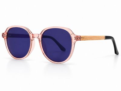 Syren polarized sunglasses with iris-blue lenses, translucent pink blush frame and white ebony wood temples