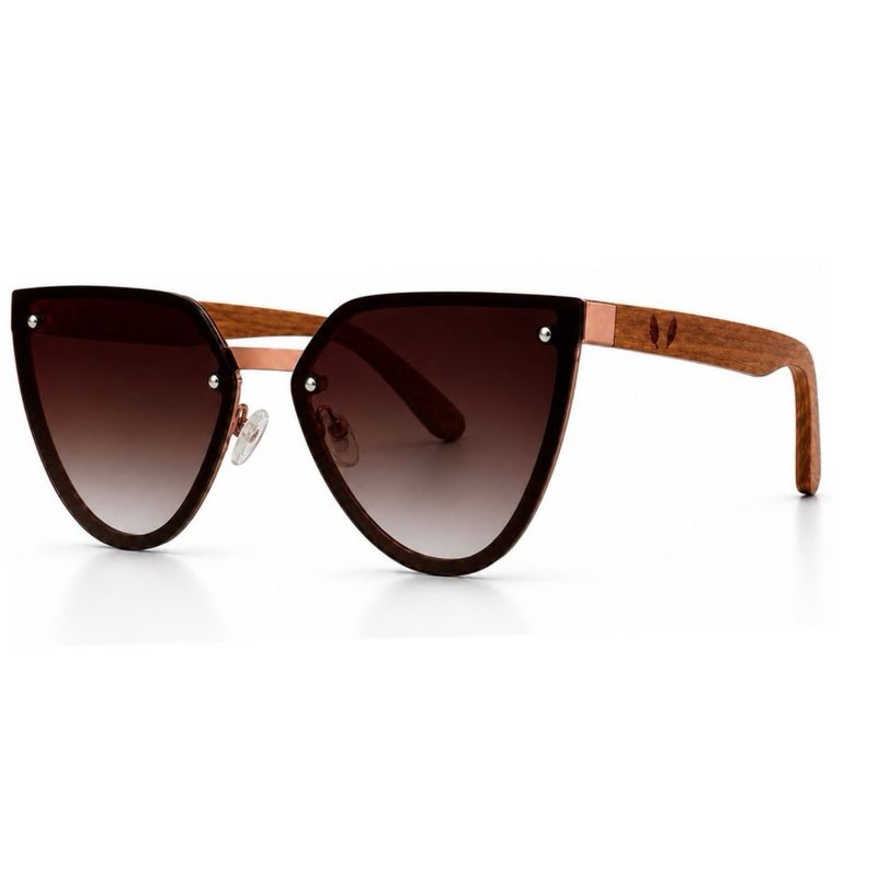 Umber polarized cat-eye sunglasses with sepia gradient lenses, metal frame and handcrafted African zebrawood temples
