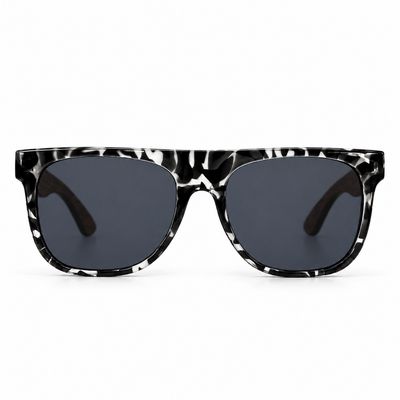 Onyx Rebel sunglasses angled front view with smoke polarized lenses and gloss black speckled frame