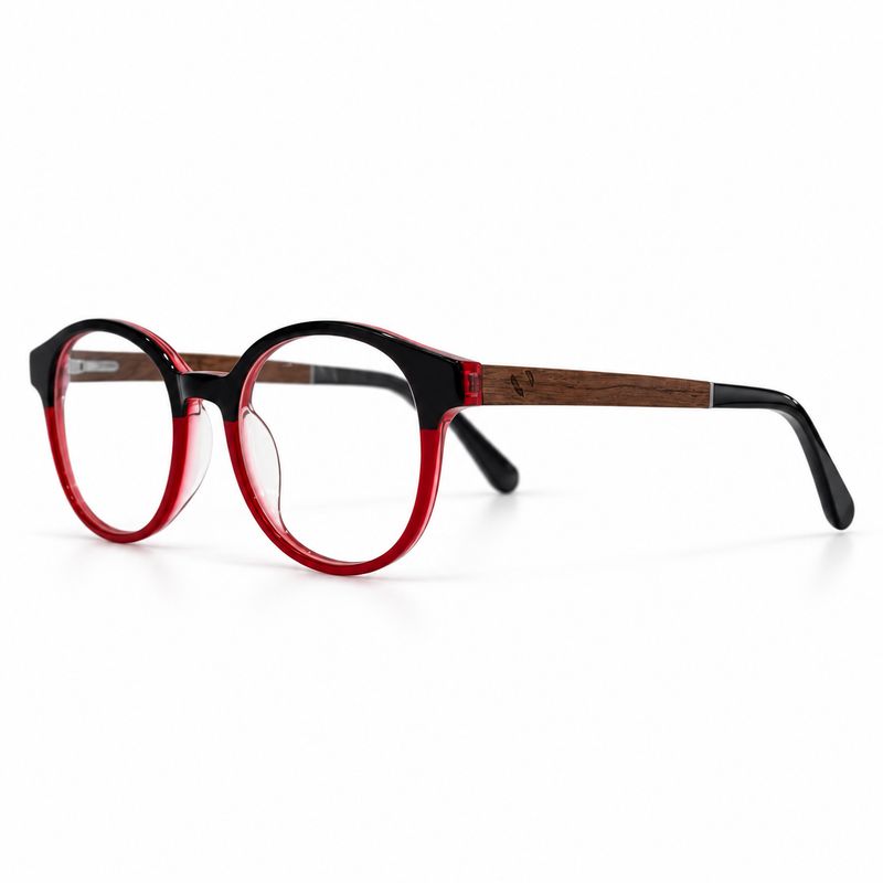 Power Fuse prescription glasses with black and translucent red acetate frame and Cassia siamea wood temples