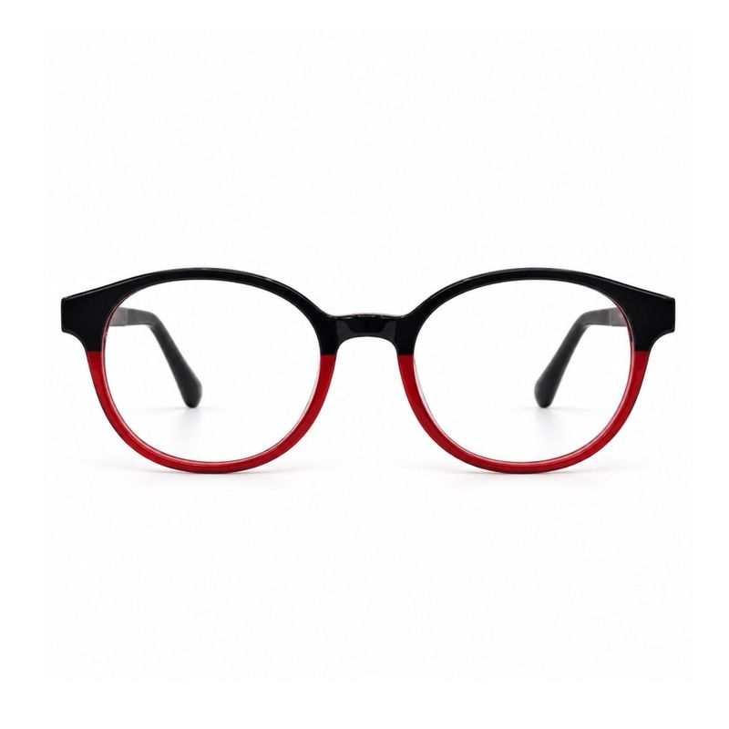 Front view of Power Fuse prescription glasses with black and translucent red rounded frame