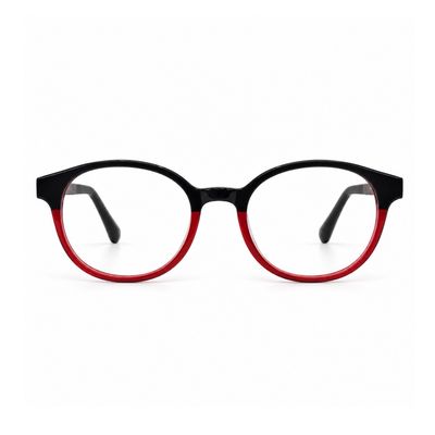 Front view of Power Fuse prescription glasses with black and translucent red rounded frame