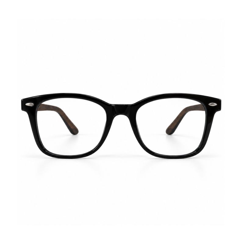 Front view of Ravenwood prescription glasses with polished black square frame and clear lenses