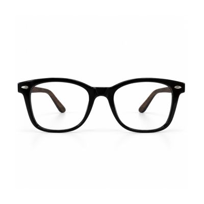 Front view of Ravenwood prescription glasses with polished black square frame and clear lenses