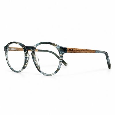 Driftwood prescription eyeglasses with marbled plant-based acetate frame and handcrafted African zebrawood temples