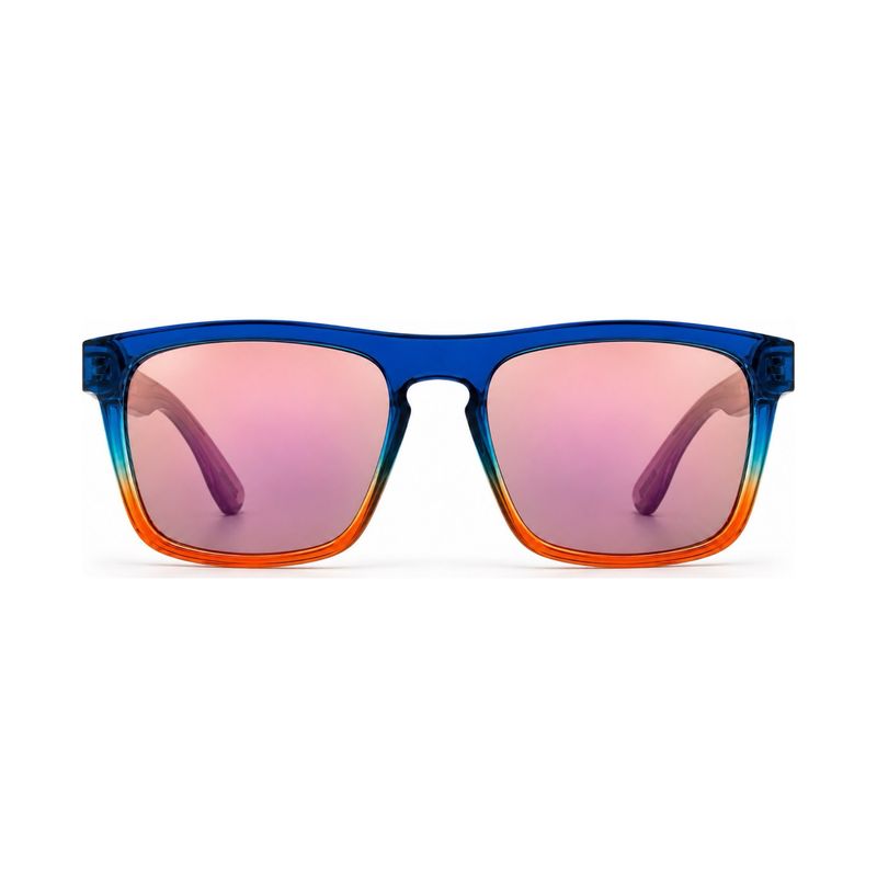 Lotus polarized sunglasses front view with lilac-pink lenses, blue-orange frame and oak wood temples