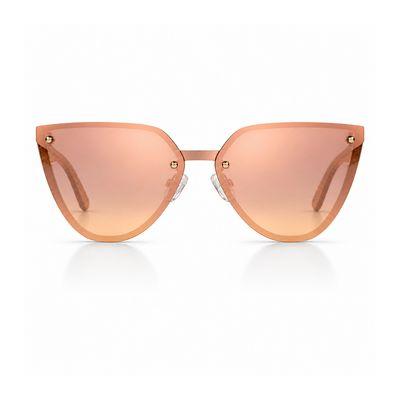 Rose Muse sunglasses angled front view with rose-gold polarized lenses and slim metal frame