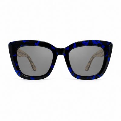 Blue Noir sunglasses angled view with mercury-silver polarized lenses and cobalt-black tortoise frame