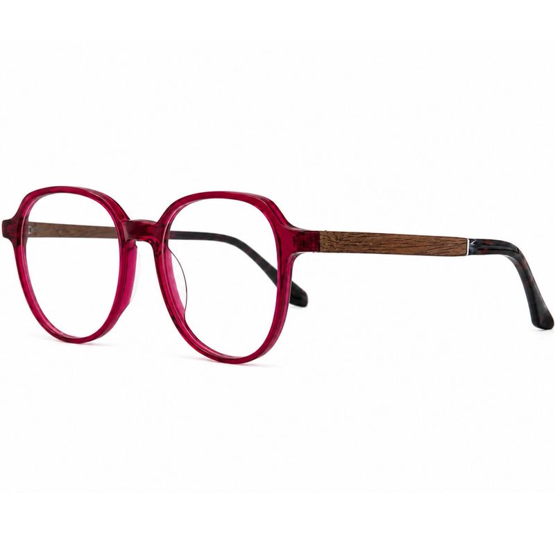 Ruby Reed prescription glasses with translucent red plant-based acetate frame and handcrafted wood temples