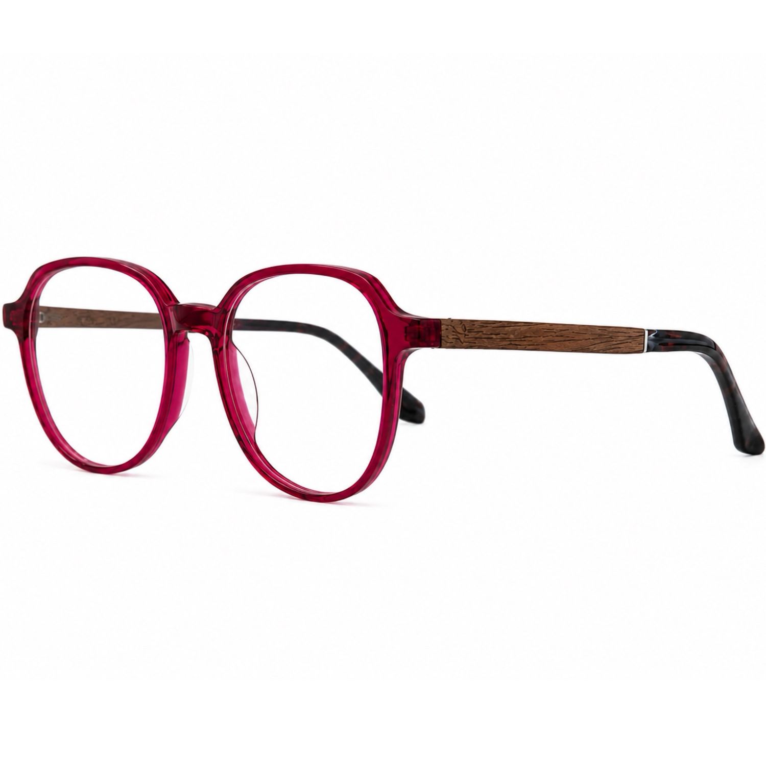 Ruby Reed prescription glasses with translucent red plant-based acetate frame and handcrafted wood temples