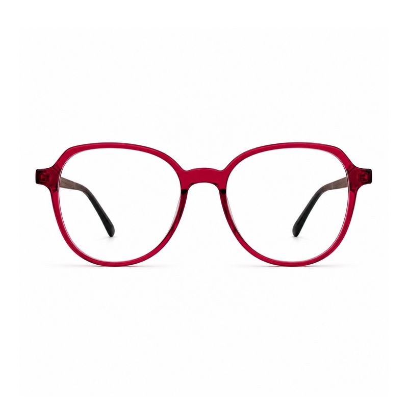Ruby Reed prescription eyewear front view with translucent ruby-red acetate frame and clear lenses