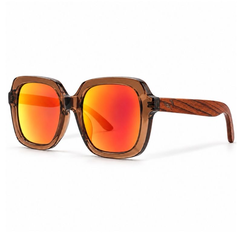 Wild Honey polarized sunglasses with orange-red mirrored lenses, translucent brown frame and red sandalwood temples